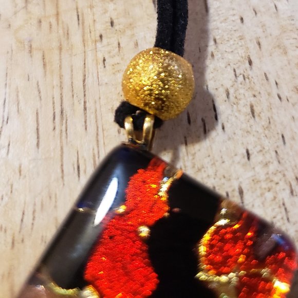 Murano Glass Necklace and Earring Set, Black, Red and Gold - Picture 3 of 11